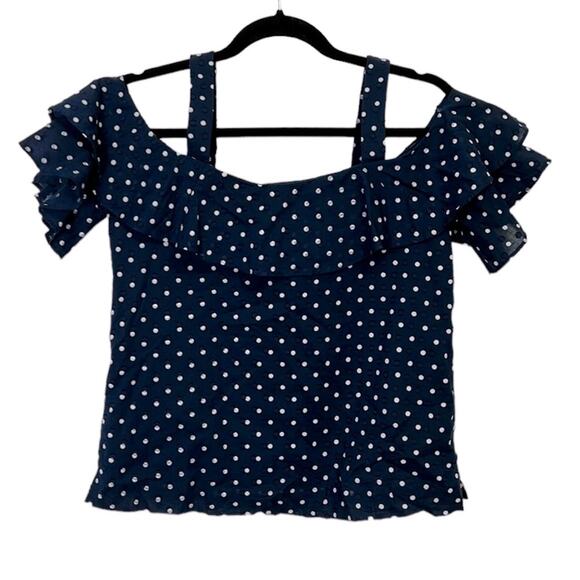J. Crew Navy & White Polka Dot Ruffle Off The Shoulder Blouse Women’s Size 2 - Picture 4 of 5